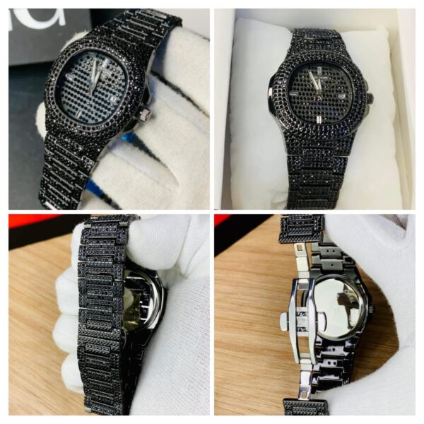 New Watch Collection Black Stone , Black Steel Chain Watch For Boys Fashion (Black Diamond With Date)